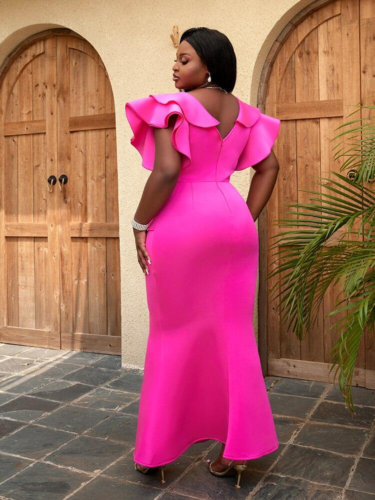 Фуксия Русалка Бальные платья с оборками на рукавах и v-образным вырезом с высокой талией и баской Вечерние коктейльные платья для женщин