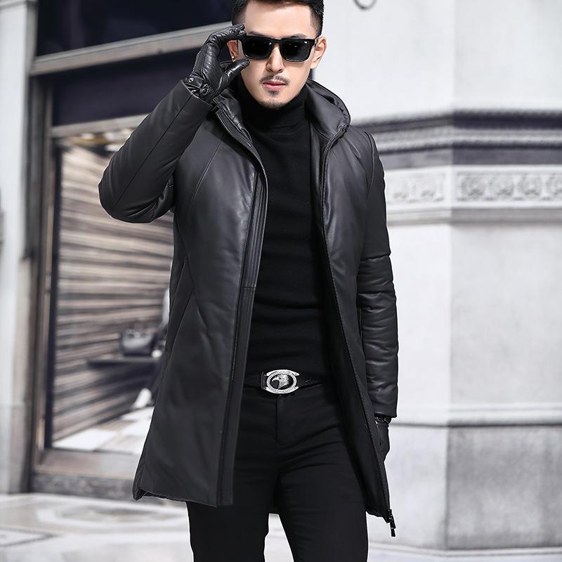 Sheepskin Down Jacket Hooded Genuine Leather Jacket for Men Pure Leather