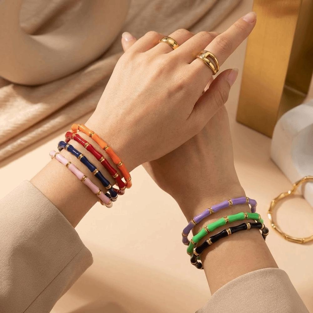 Gold Enamel Resin Bracelet Colorful Stainless Steel Bangle High Quality Bamboo Joint Bangle Trendy