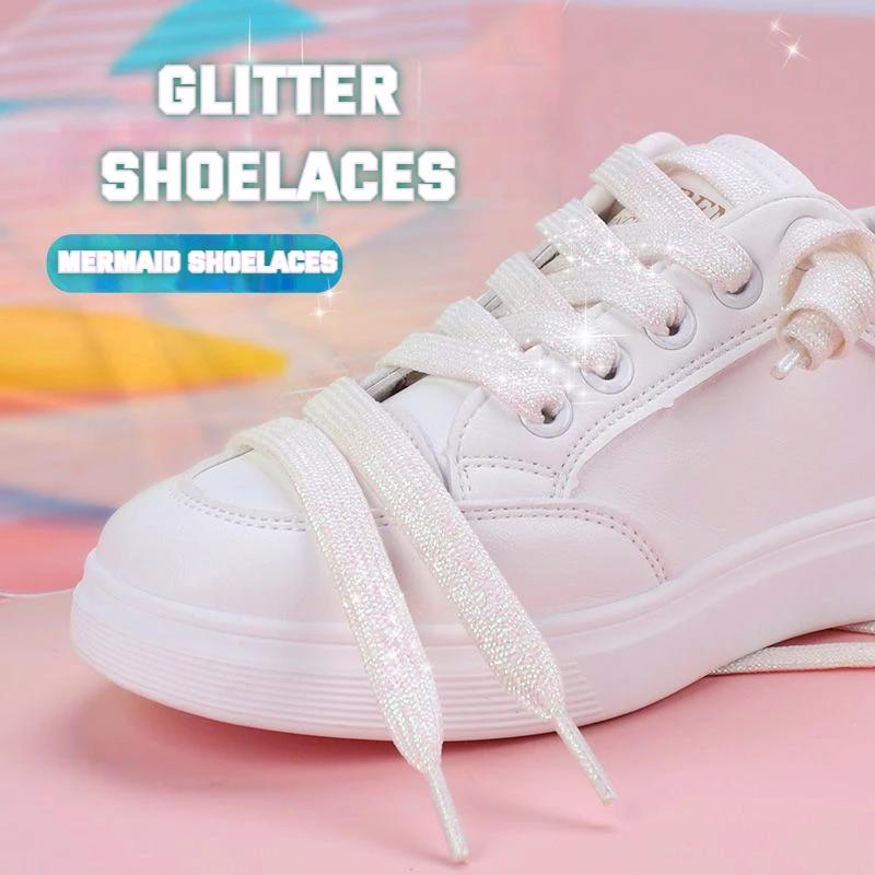 2 Pair Glitter White Shoelaces of Sneakers Colorful Shoelaces Metallic Shiny Gold Shoelace Silver Flat Shoe Laces Running Laces