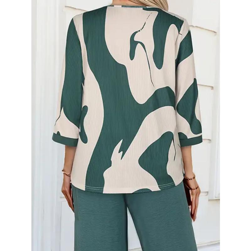 Women S Casual Abstract Print U Neck 3 4 Sleeve Loose Fit Top