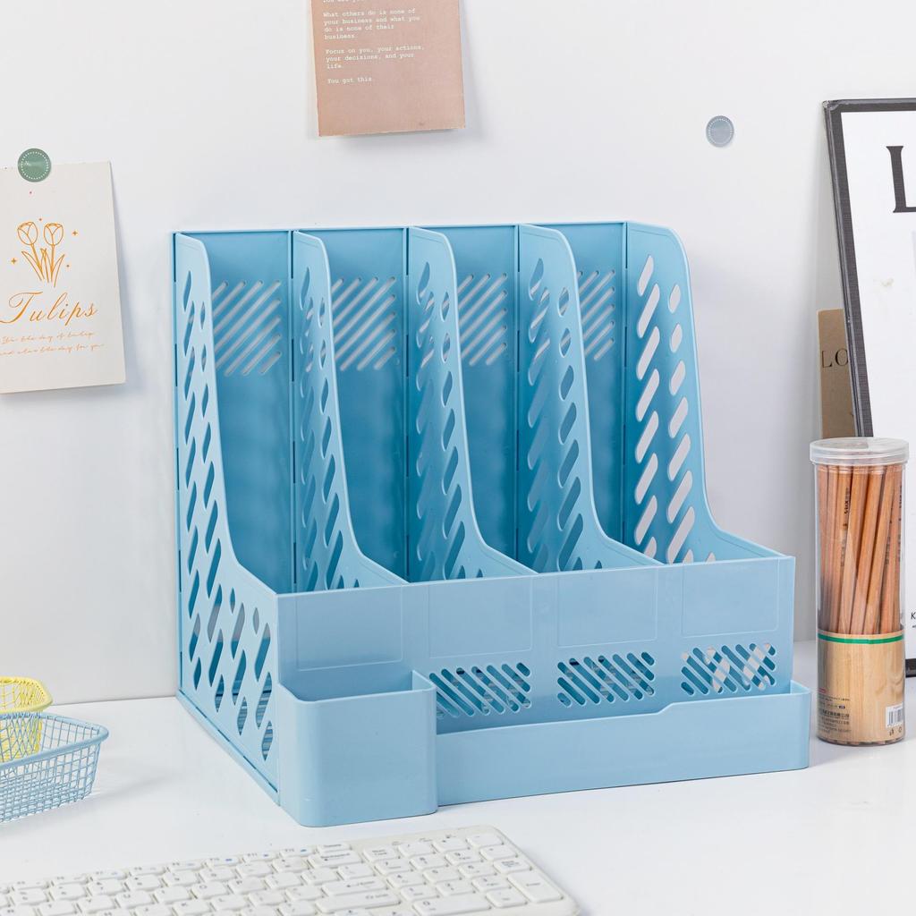 Четырехколончатый офисный стеллаж для документов с держателем для ручек Утолщенный настольный органайзер для хранения документов и канцелярских принадлежностей Эффективный рабочий аксессуар