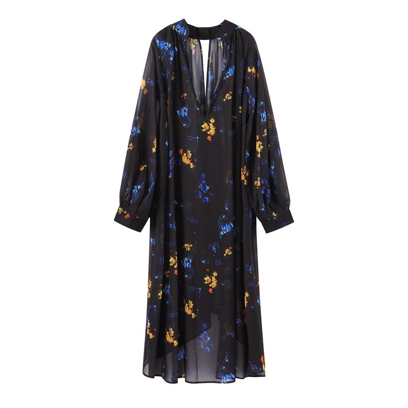 Длинные платья с принтом для женщин, свободные платья с рукавами-фонариками и воротником-стойкой, весна-лето 2025, женское платье для отпуска