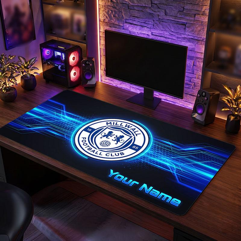 Millwall FC Custom Large Mouse Pad, Personalized Name Text Print, Football Logo Non‑Slip Desk Mat Gaming Gift