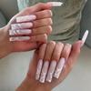 24pcs Reusable Adhesive Fake Nails French Long Ballet Pink Rose Contrast Line Press On Nails