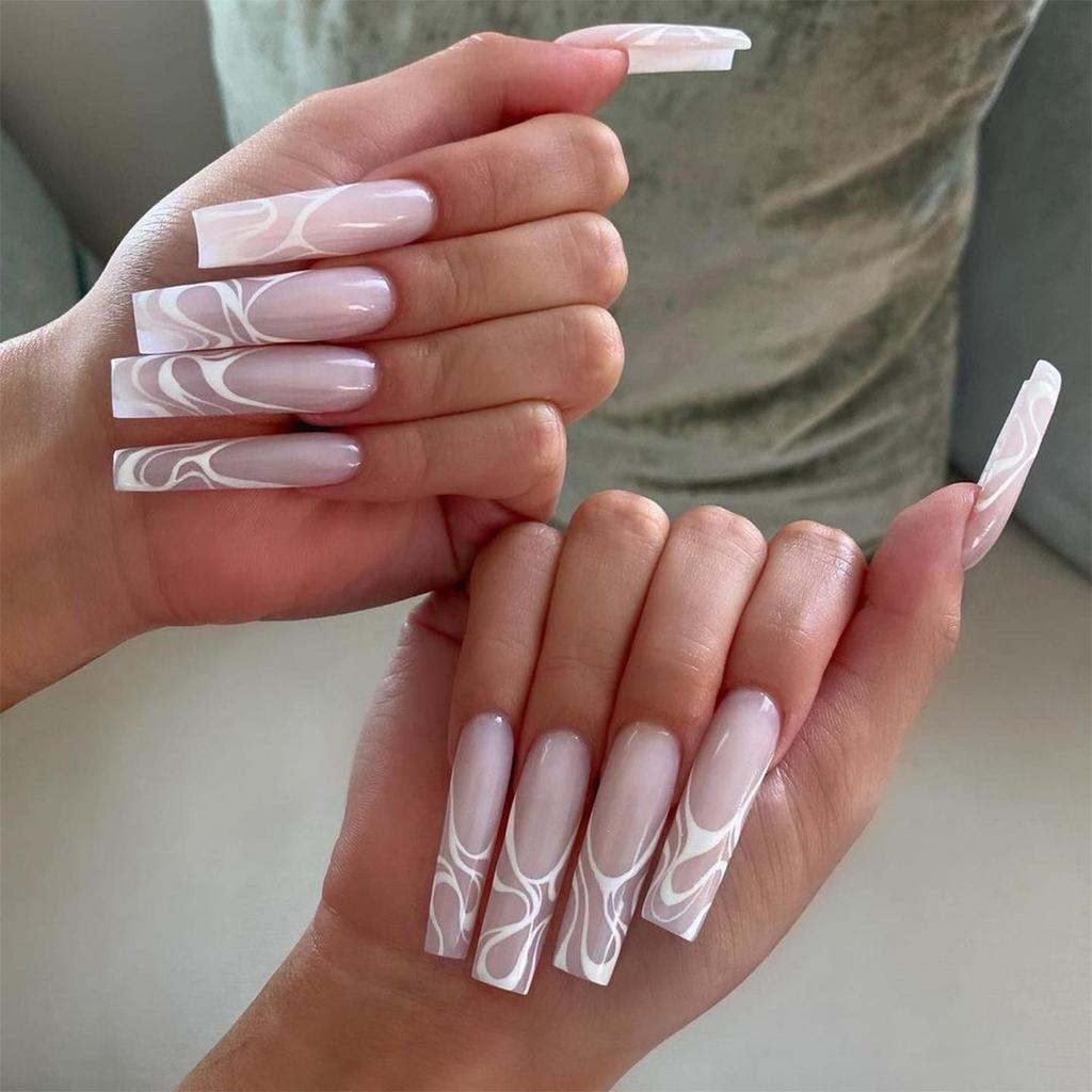 24pcs Reusable Adhesive Fake Nails French Long Ballet Pink Rose Contrast Line Press On Nails