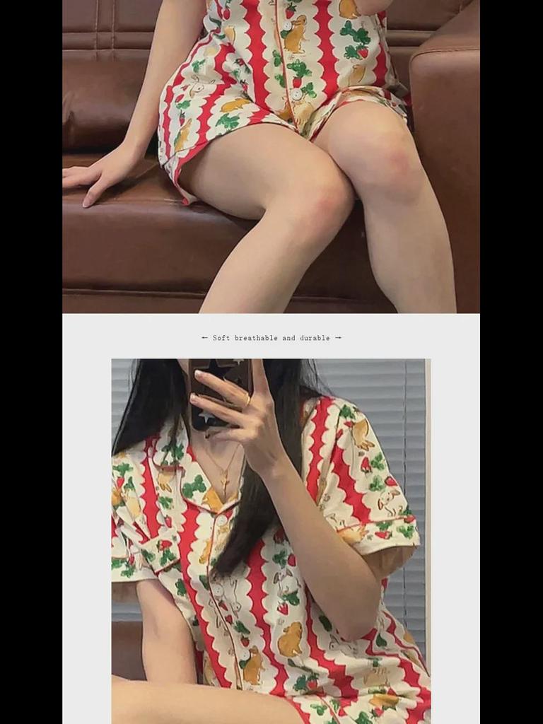 Korean Floral Bunny Christmas Summer Pajama Set - Striped Short-Sleeve Top & Shorts for Women