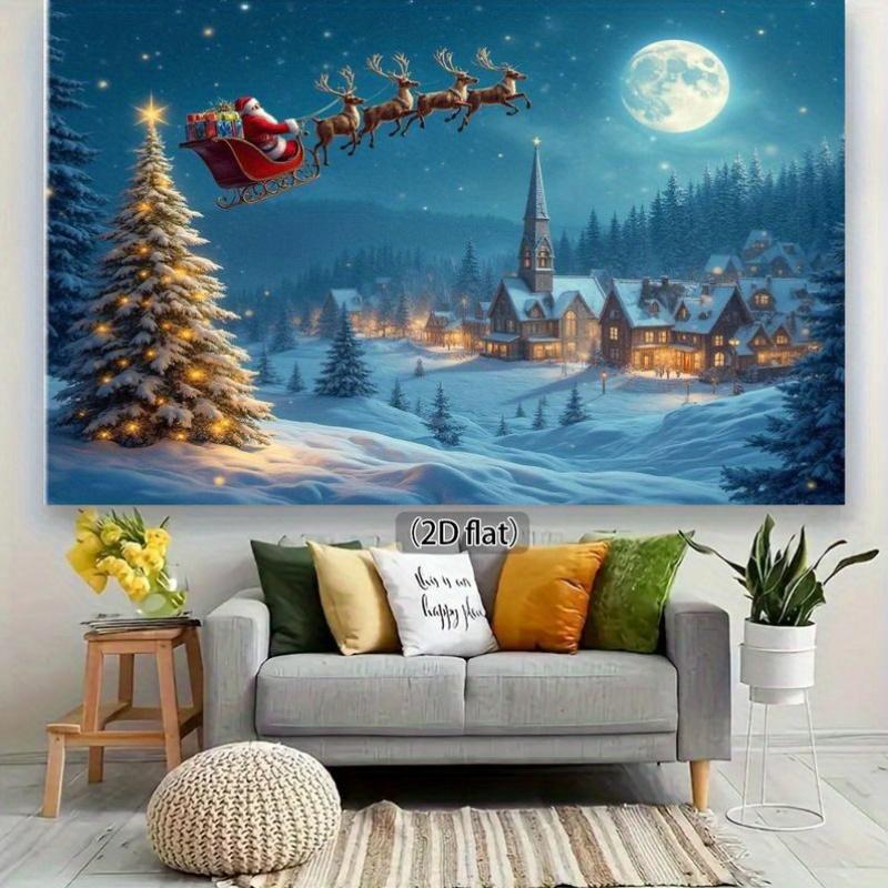 1pc Festival Santa Claus Sled Canvas Mural - Winter Miracle Scene with Snow Village and Full Moon  Christmas Home Decoration