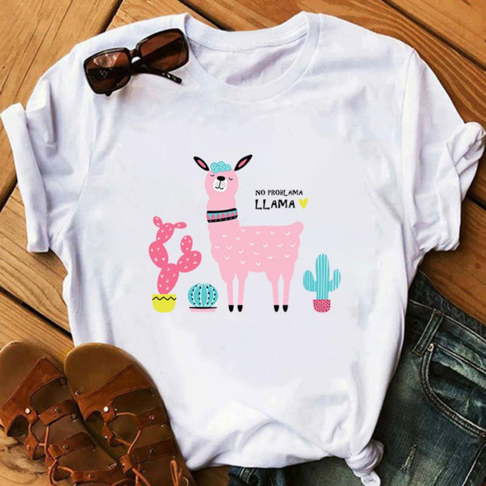 Funny Alpaca Lettering Art Women White Casual Loose Oversized Shirt Streetwear Daily Summer Tops Round Neck Durable Plus Size