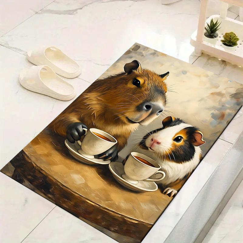 1Pc Capybara Guinea Pig Tea Time Rug, Office Carpet Indoor Outdoor Doormat, Non-Slip, Comfortable, Living, Christmas Halloween, Xmas Gift G1283