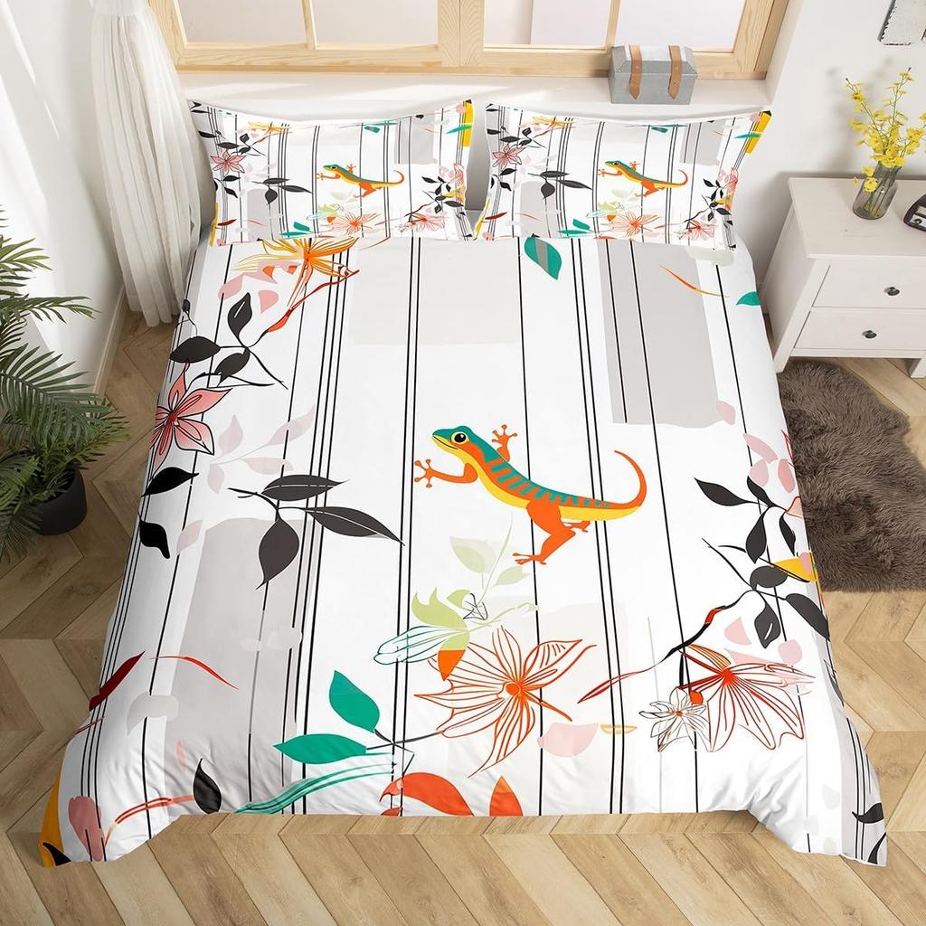 Lizard Reptiles Duvet Cover Gift For Boys Girls Funny Gecko Bedding Set Full Queen Microfiber Cute Animal Theme Comforter Cover