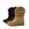 Fashion Suede Sleeve Stack Boots Autumn New Round Toe Pleated Soft Sole Non-slip Block Heel Short Boots