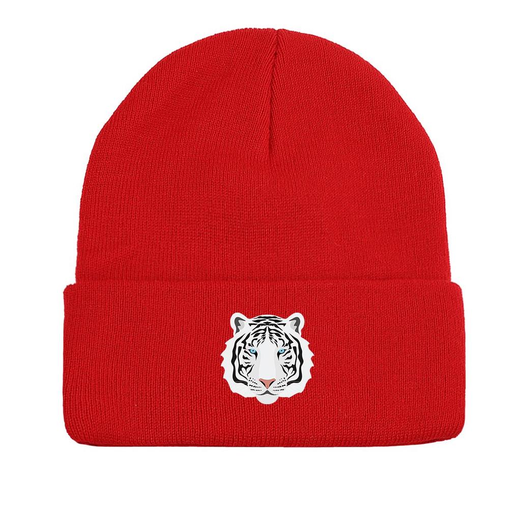 White Tiger Print Knit Hat Beanie, Animal Skull Cap Fit Autumn Simple Pompom Beanies Knitted Cap Beanie