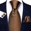 Hi-Tie Dark Gold Plaid Jacquard Mens Silk Tie Classic Necktie Cufflink Hanky Set