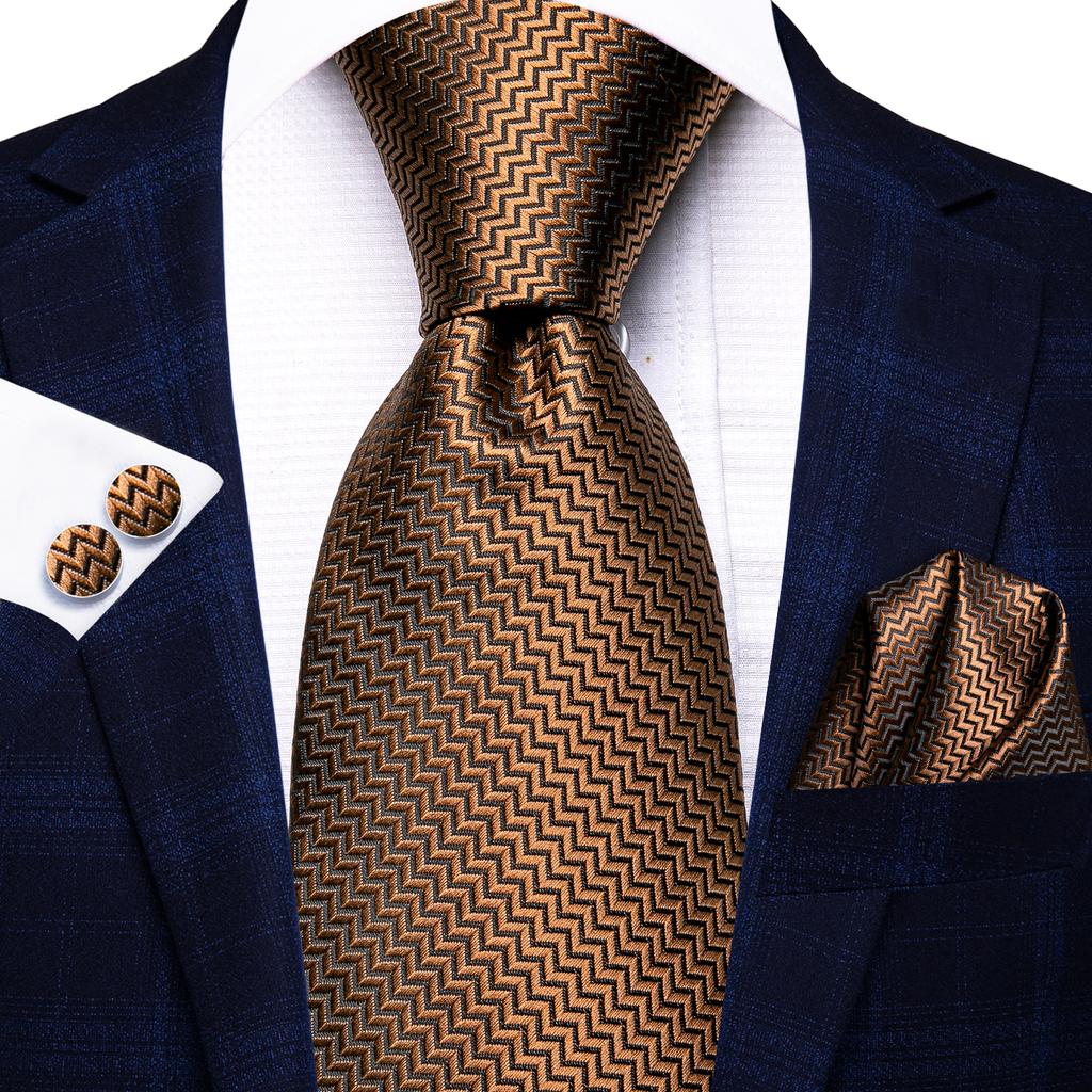 Hi-Tie Dark Gold Plaid Jacquard Mens Silk Tie Classic Necktie Cufflink Hanky Set
