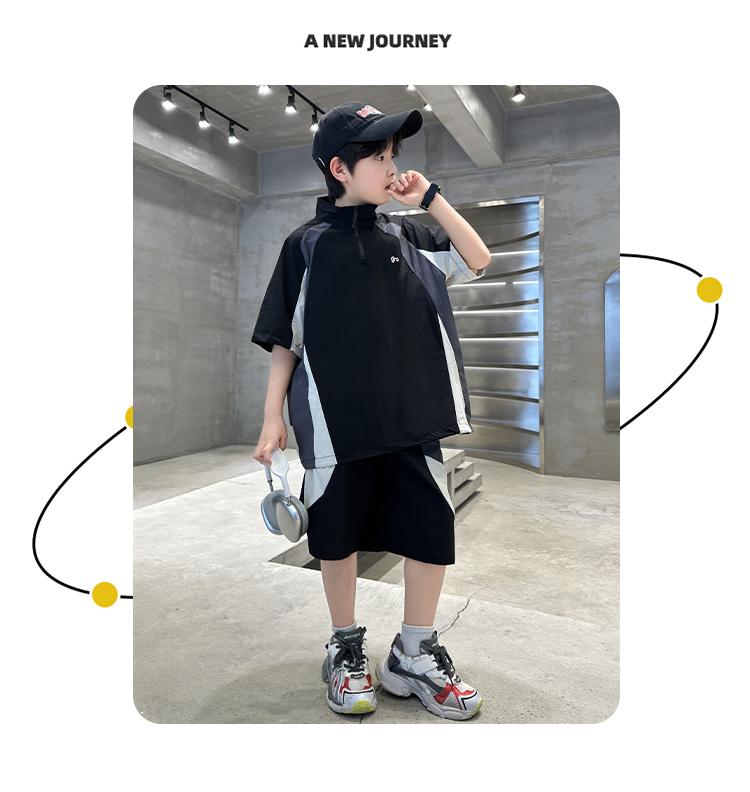 Boys' summer outfit set 2026 new style big boys' summer thin short sleeved children's stand up collar sports top handsome