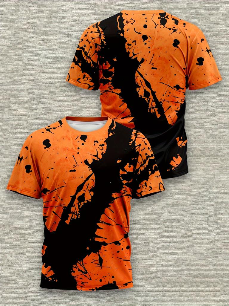 Men'S Novel Gradient Print Shirt | Breathable Polyester | Casual Round Neck Short Sleeve Shirt | Machine Washable | Vibrant Orange And Black Design |