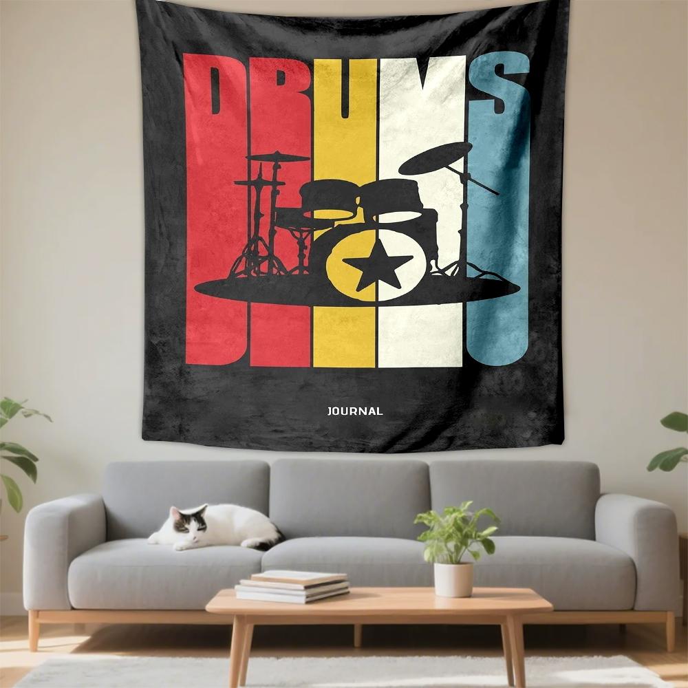 Tapestry Drums Retro Color Block Drum Set Silhouette Vintage Music Wall Hanging for Drummer Studio Bedroom Wall Decor