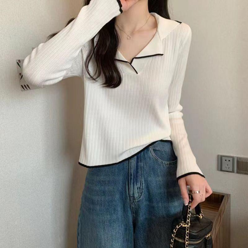 Polo Collar Pullover Knit Base Layer Top Women's Autumn Long Sleeve T-shirt Sweater Fall Clothing Spring Autumn Style