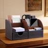 Офисный настольный органайзер из полу-ПУ кожи, 6 отделений, большие ящики для хранения, деревянный держатель для ручек, пенал для карандашей