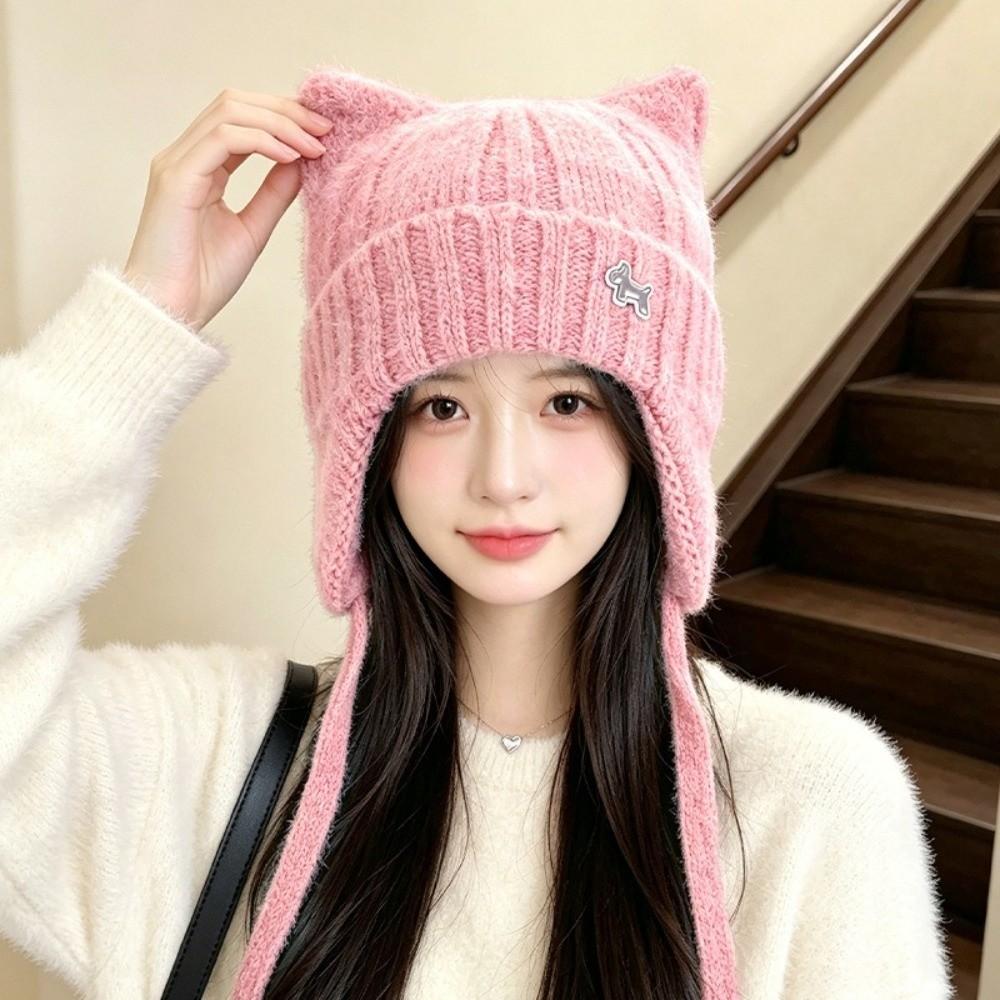 Chin Strap Cat Ear Knitted Hat 55cm To 60cm Circumference Earflap Hat Snow Weather