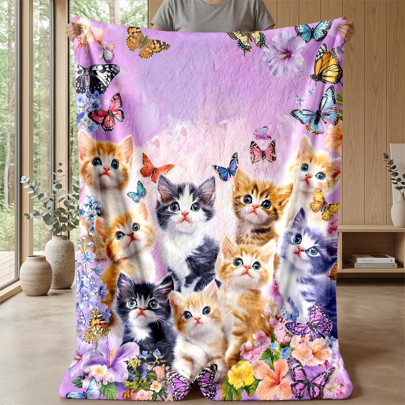 Kittens and Butterflies Fantasy Theme blanket Lightweight Warm Flannel Blanket Decorative Throw Blanket for Home Decoration