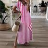 Summer Women Dress V Neck Side Split A-line Loose Short Sleeves Striped Print Pullover Ankle Length Vacation Beach Maxi Dress