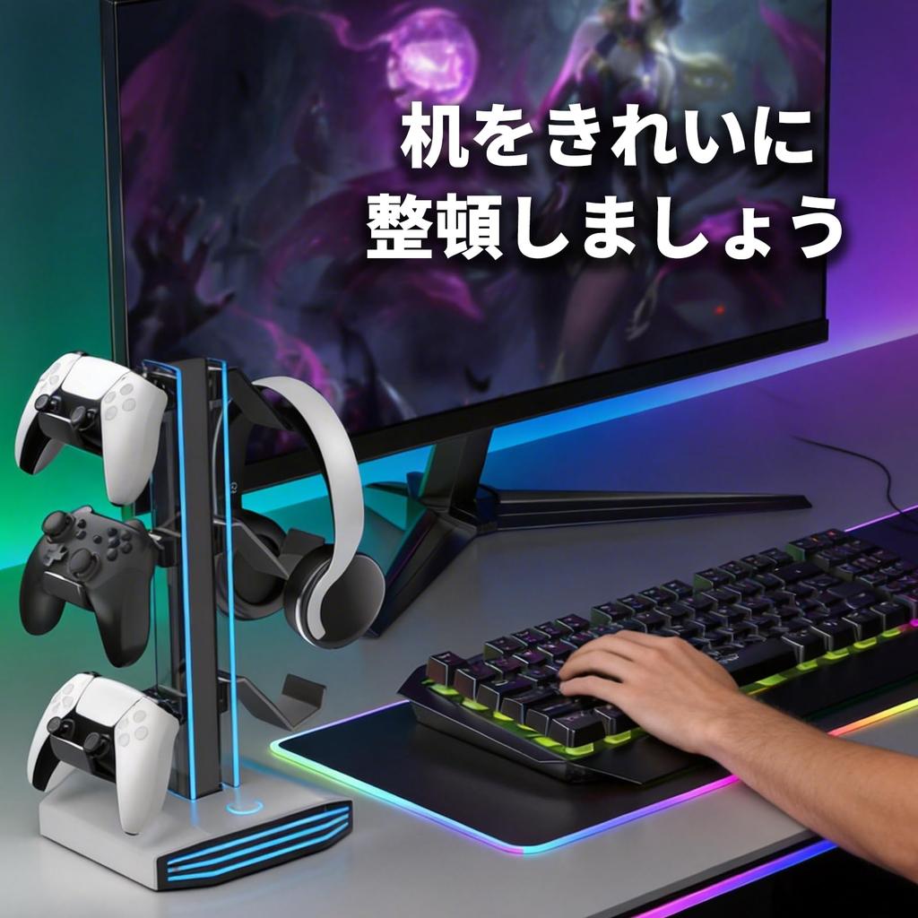 Универсальная подставка для игрового контроллера и наушников с RGB-подсветкой и органайзером для стола, разноцветная (Совместимо с PS5/Xbox/Switch)