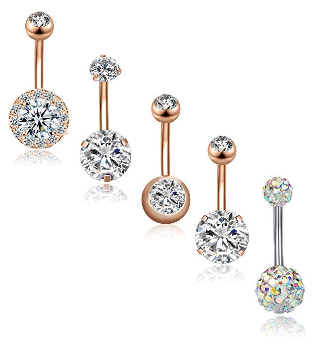 Set 5 14G Stainless Steel Sexy Belly Button Rings High Brightness Zircon Navel Body Piercing Jewelry for Women Girls Weddings