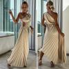 Women Evening Dress One Shoulder Pleated Flower Decor Hollow Out Backless Sleeveless Irregular Hem Cocktail Party Wedding Midi Dress