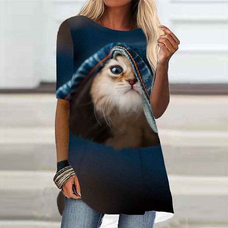 Летние футболки с 3D-принтом «Кошки и животные», женская уличная одежда, повседневная футболка с коротким рукавом, свободные топы Y2K, туники, футболки, женская одежда