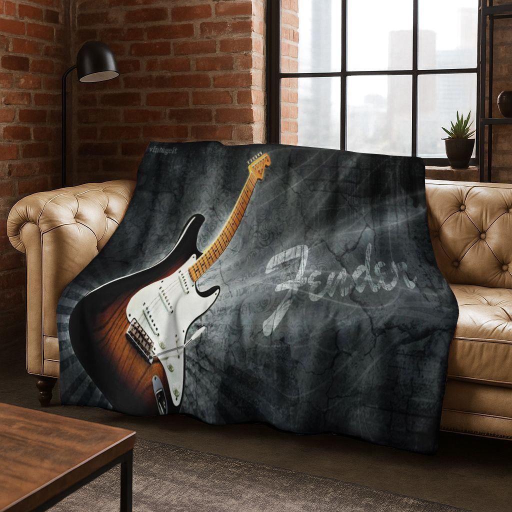 Fashion Fender Logo Guitar Music Instruments Art Flannel Blanket,Cozy Soft Throw Blanket for Home Bedroom Bed Sofa Cover Gift
