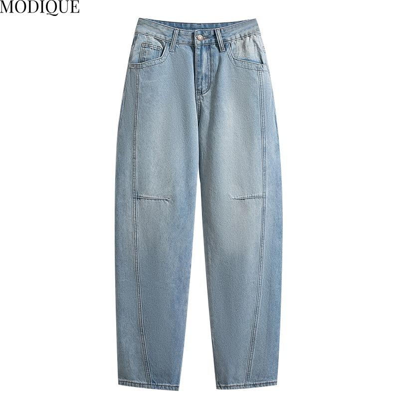 MODIQUE 2025 New Plus Size Summer Women's Loose Casual Straight Wide Leg Sickle Denim Long Pant Ladies Elastic Solid Color Blue Jeans