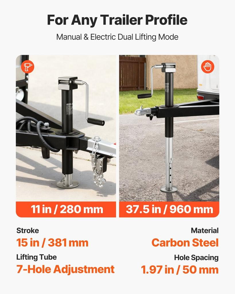 2267 kg A-Frame Trailer Jack, 381 mm Vertical Travel, Trailer Lift Jack with Adjustable 7-Level Drop Leg & Drill Socket, Cordless Drill Compatible,