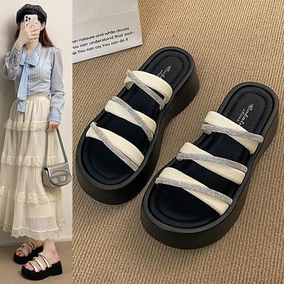 Тапочки женские новые трендовые и на толстой подошве-маффин, модные, со стразами, шлепанцы на одно слово, простые, для маленького человека, носящего сандалии