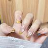 Korean Style Retro Yellow Leopard & Floral Press-On Nails - Sweet Clear Nude Fake Fingernail Stickers