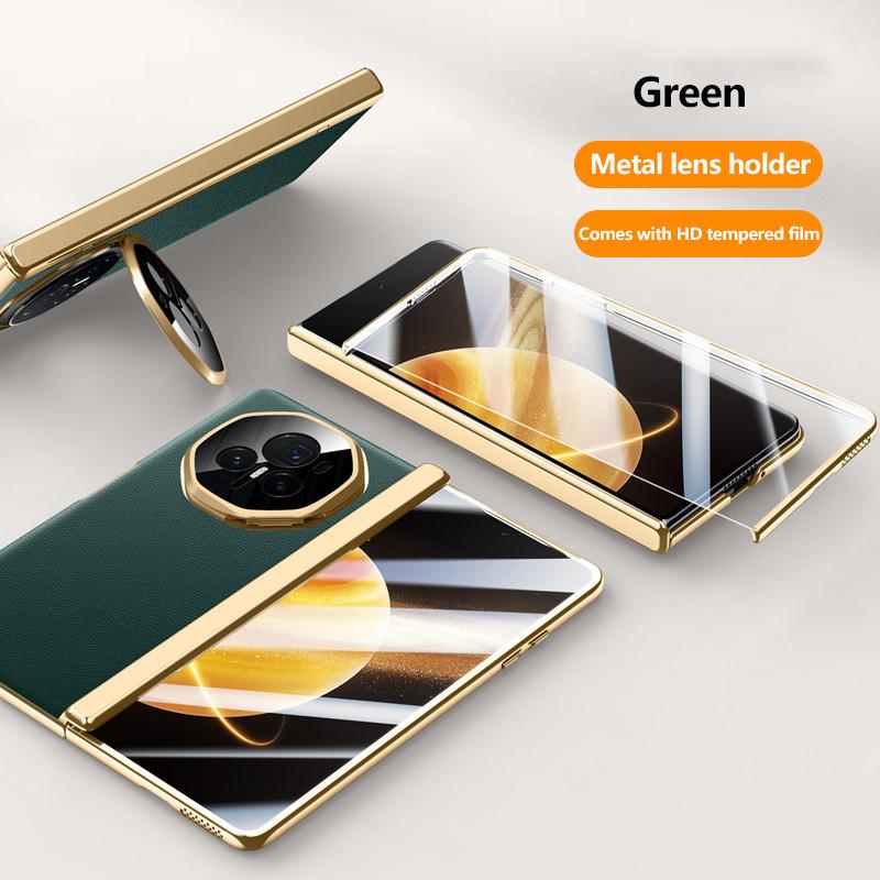 Чехол из простой кожи для телефона Honor Magic V3 с гальваническим покрытием, металлическим шарниром, держателем объектива и закаленной пленкой, противоударным держателем, деловой чехол