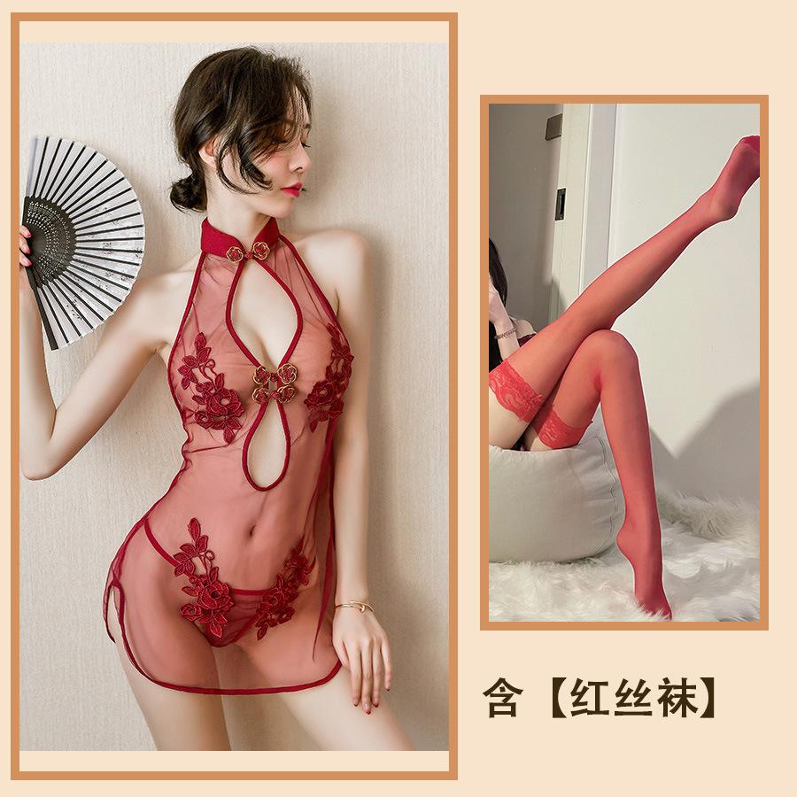 Sex lingerie sexy cheongsam women's transparent lace nightdress blood drops tease passion seduction suit