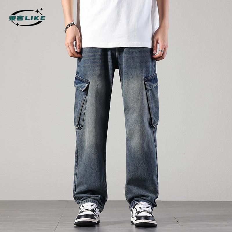 Новые осенние и зимние мужские рабочие брюки прямого покроя из денима, свободные джинсы с большими карманами, простые брюки прямого покроя из денима