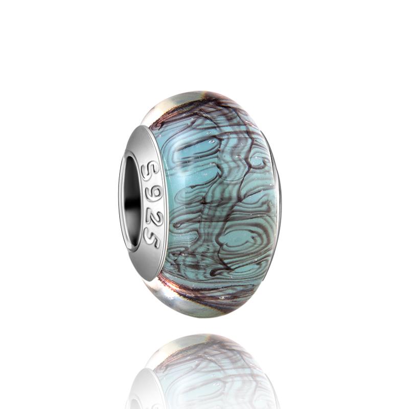 Муранское стекло Серия стерлинговое серебро 925 пробы Медный павлин синий и лепесток цветка Вращается Шарм Подходит для браслета Женские изящные циркониевые аксессуары