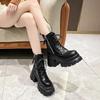 Модные осенние женские высокие ботильоны на платформе, зимние толстые подошвы, мотоциклетные ботинки, каблук 9,5 см, толстые металлические короткие кожаные кроссовки для женщин