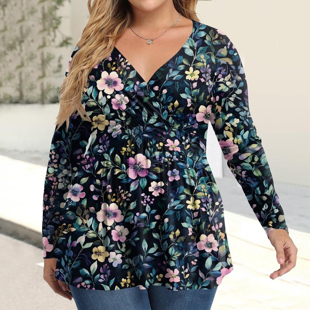 Женская рубашка большого размера с длинным рукавом, принт, плиссированный повседневный топ с V-образным вырезом