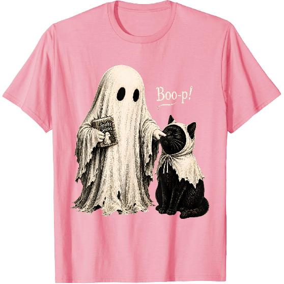 Vintage Halloween Spooky Book Ghost with Black Cat Boo-p T-Shirt