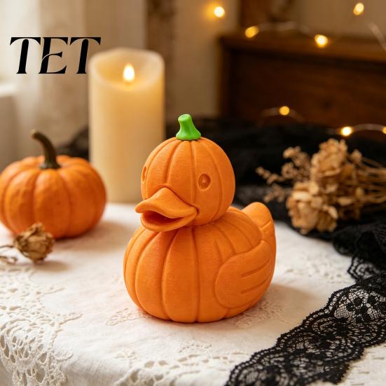 Orange Retro Home Accents Halloween Pumpkin Duck Figurine, 3D Printed Cute Fall Seasonal Room Decor Statue, Autumn Thanksgiving Desktop Ornament,