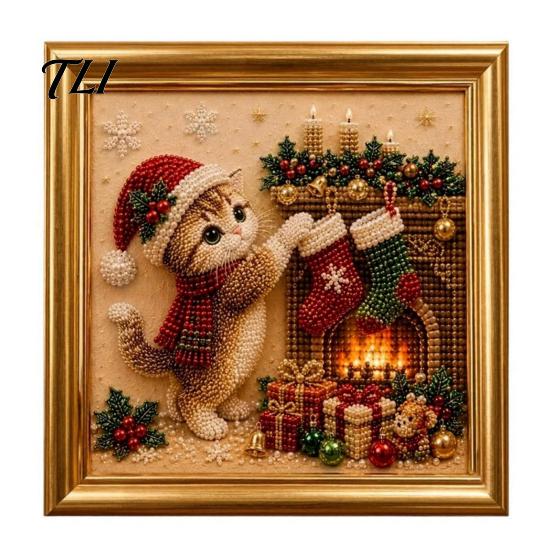Creative Hobby for Women Christmas Cat Faux Pearl Art Kit with Frame, Kitty Painting DIY Beginners Kit, 3D Bead Wall Craft Adults, Handmade