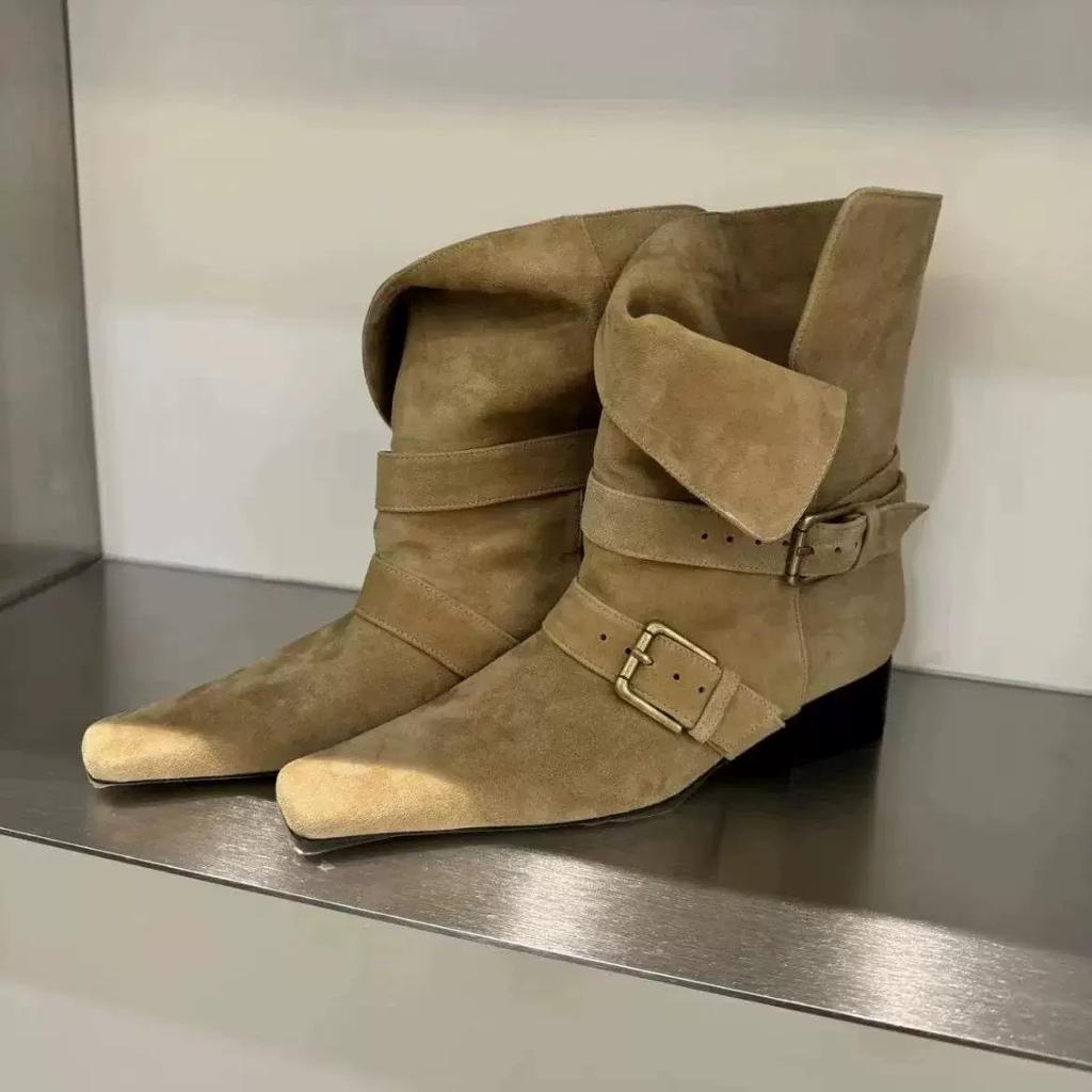 Cowhide Version~ Korean Version of Niche Street Shooting Catwalk Square Head Western Cowboy Boots Women's Thick Heel Leather Short Boots Fashion Wo