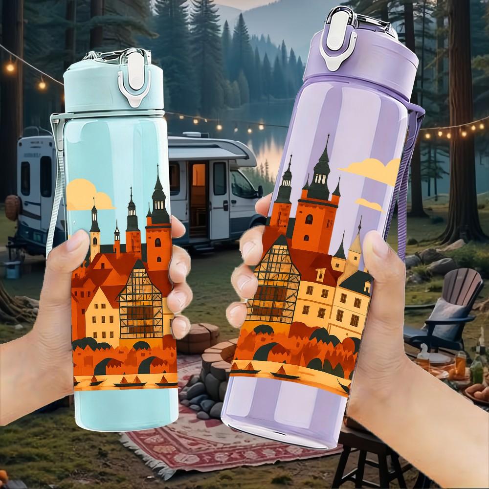 1PC European Castle Cityscape Print 750ml Color Plastic Sports Water Bottle Leakproof Flip Straw Lid Suitable for Sports Office Home Use