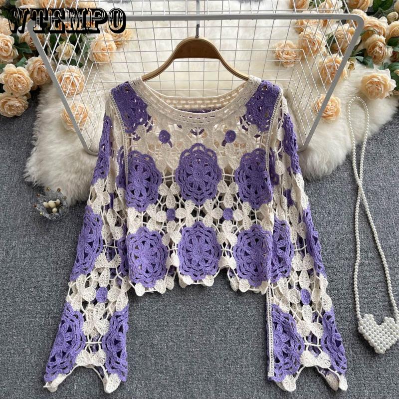 WTEMPO Осенние женские вязаные крючком кардиганы разноцветные винтажные вязаные свитера Y2k с длинным рукавом свободные пальто ажурные свитера
