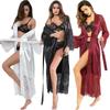 Womens Lace Patchwork Silk Erotic Kimono Bath Robe Lace Up Solid Color Lingerie Nightwear Long Dress Wrap Gown