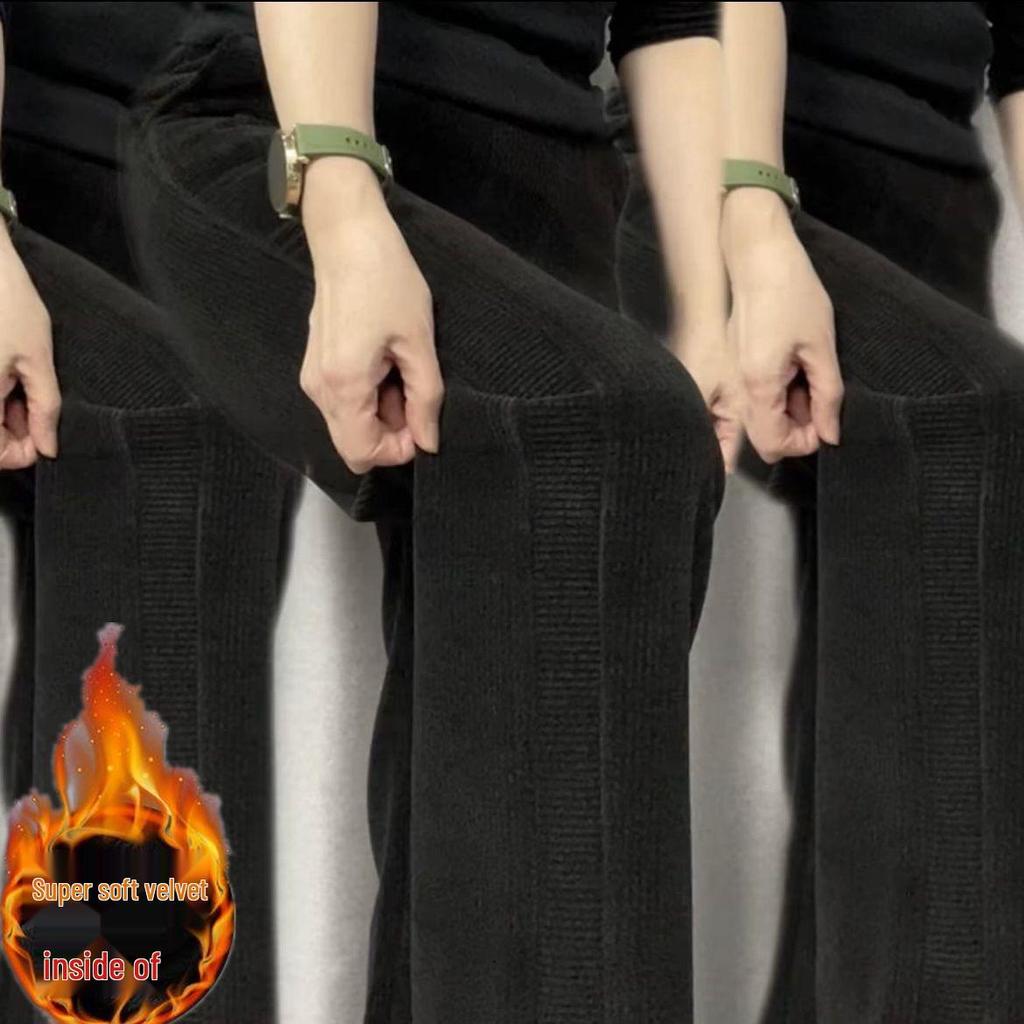 Женские брюки с высокой посадкой, на флисовой подкладке, прямого кроя, осенне-зимняя мода, утолщенные для тепла, стройнящие, свободного повседневного кроя